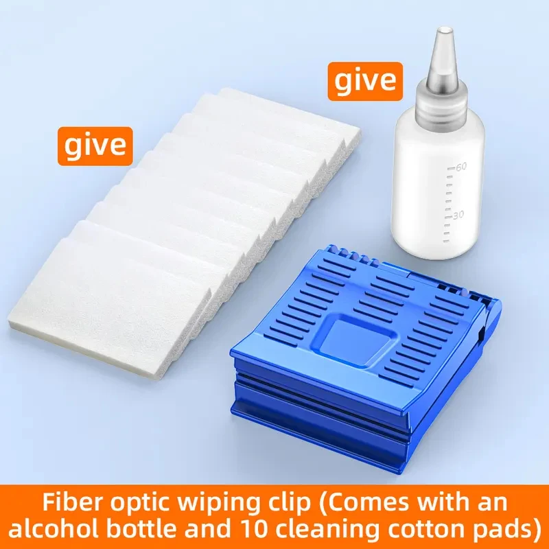 Optional optical fiber cleaning clamp and fiber cleaning tool kit includes an empty alcohol bottle and replacement cores
Optional optical fiber cleaning clamp and fiber cleaning tool kit includes an empty alcohol bottle and replacement cores