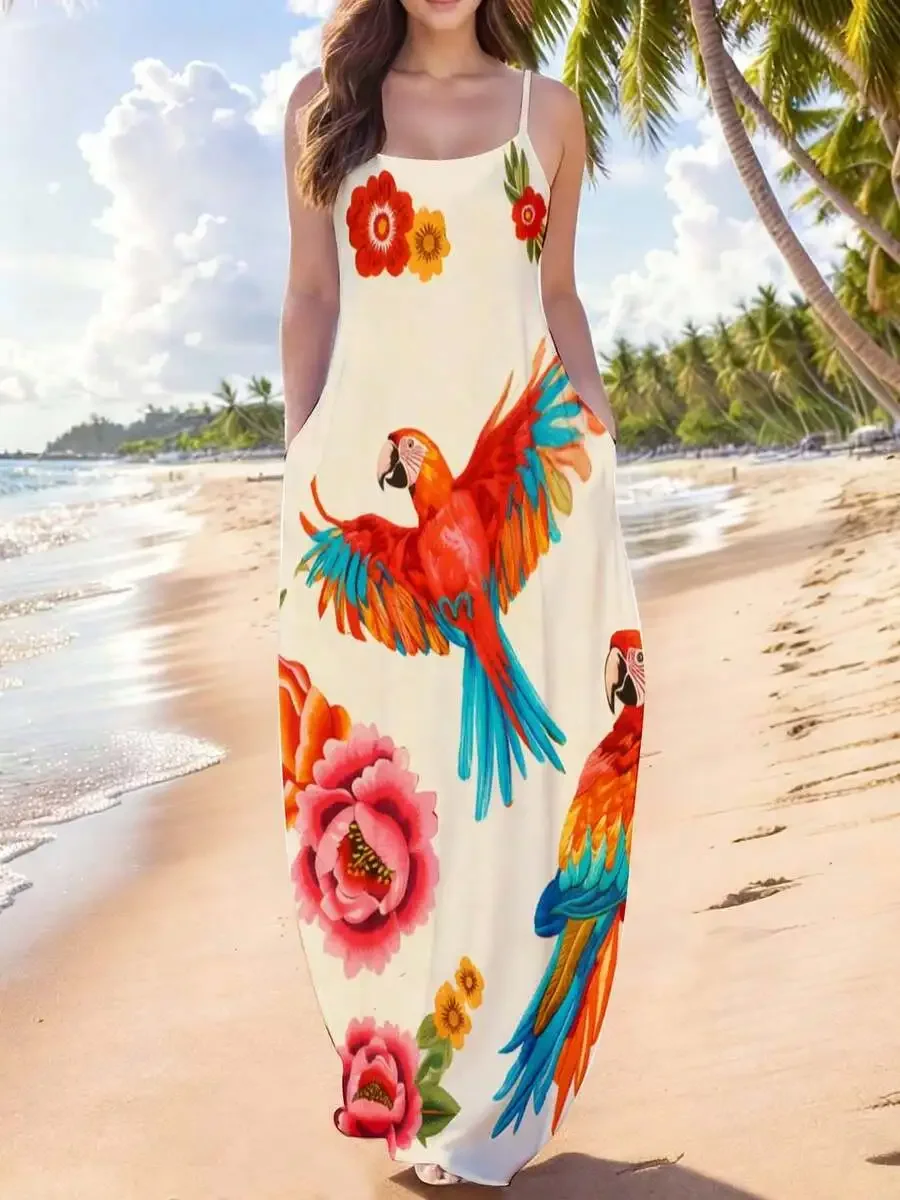 Women Spaghetti Strap Maxi Dress With Pockets Parrot Floral Print Beach Vacation Summer Casual
Women Spaghetti Strap Maxi Dress With Pockets Parrot Floral Print Beach Vacation Summer Casual