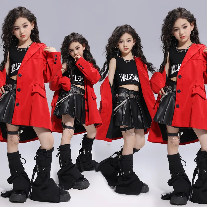 2025 Children Hip Hop Dance Costumes For Girls Red Coat Black Skirts Suit Modern Jazz Dance Performance Stage Clothes DQS19199
2025 Children Hip Hop Dance Costumes For Girls Red Coat Black Skirts Suit Modern Jazz Dance Performance Stage Clothes DQS19199