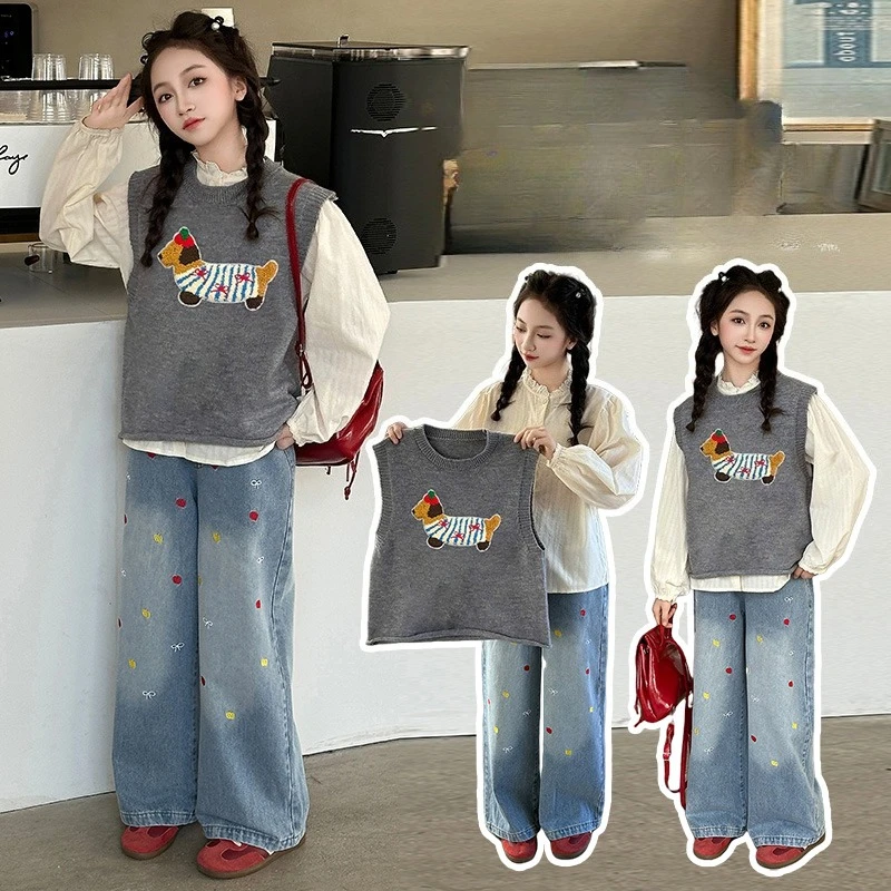 autumn teen girls clothes set Cartoon dog knitted vest+Lace shirt junior kids suit child outfits Bow Embroidered Wide Leg Jeans
autumn teen girls clothes set Cartoon dog knitted vest+Lace shirt junior kids suit child outfits Bow Embroidered Wide Leg Jeans