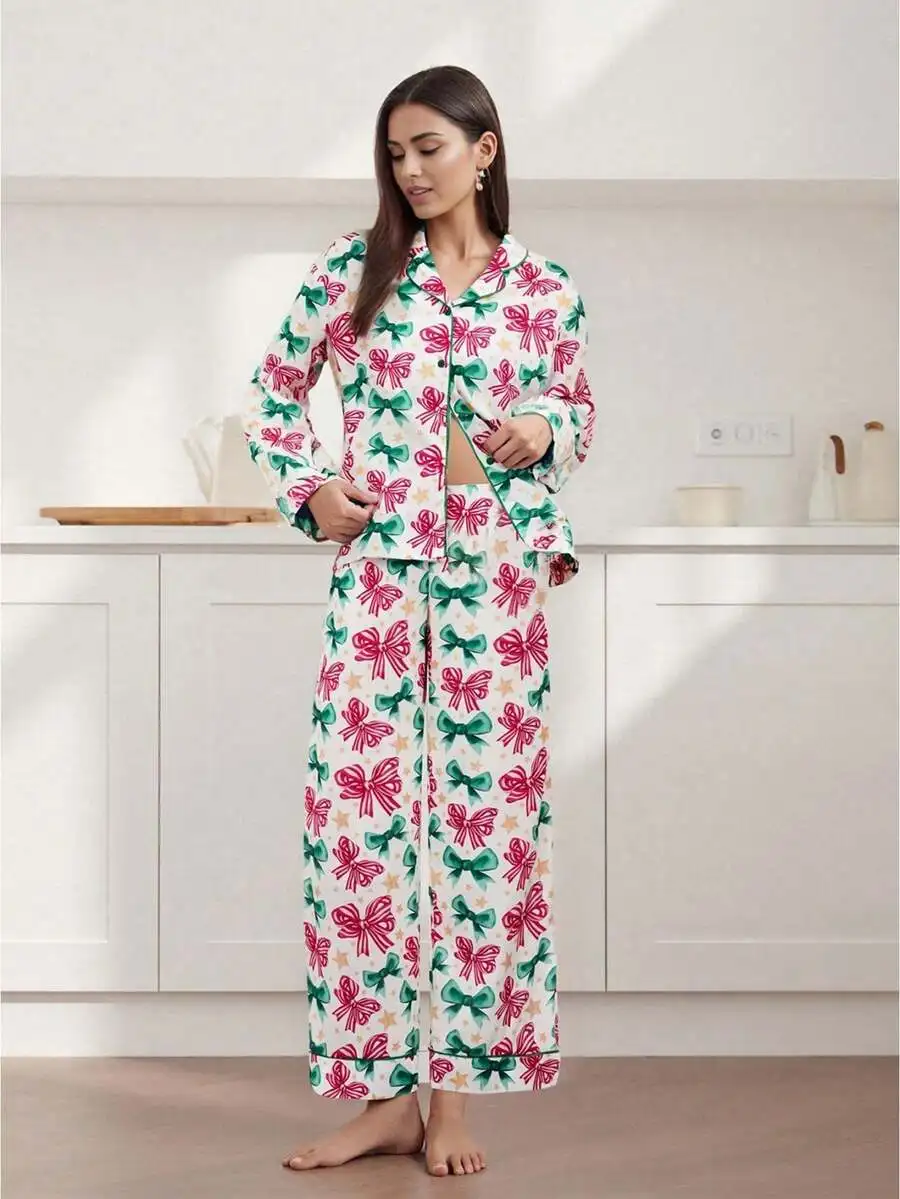 Women Christmas Pajama Set Bow Print Lapel Button Up Long Sleeve Top Elastic Waist Wide Leg Pants
Women Christmas Pajama Set Bow Print Lapel Button Up Long Sleeve Top Elastic Waist Wide Leg Pants
