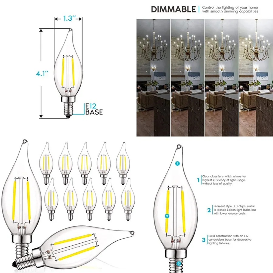 4W Vintage Candelabra LED Bulbs Dimmable, 400 Lumens, 5000K Bright White, LED Chandelier Light Bulbs 40W Equivalent, Flame Clea
4W Vintage Candelabra LED Bulbs Dimmable, 400 Lumens, 5000K Bright White, LED Chandelier Light Bulbs 40W Equivalent, Flame Clea