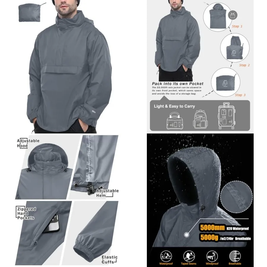 33, 000Feet Men's Pullover Rain Jacket Waterproof with Hood Lightweight Packable Raincoat Windbreaker for Golf Travel
33, 000Feet Men's Pullover Rain Jacket Waterproof with Hood Lightweight Packable Raincoat Windbreaker for Golf Travel