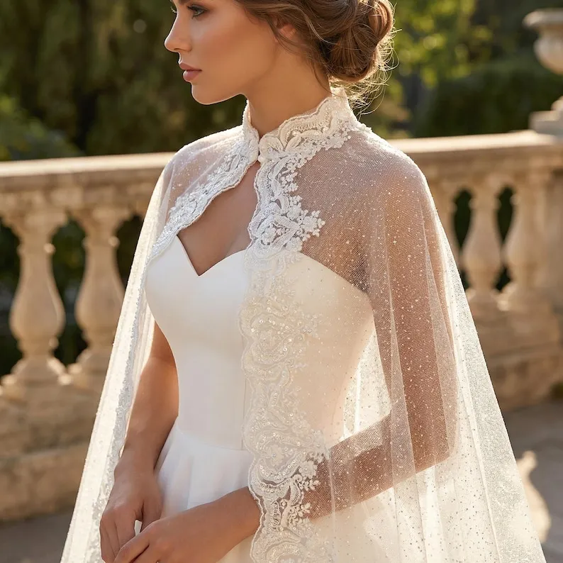 White Ivory Bridal Cape Veil Tulle With Floral Beaded Lace Trim Wedding Sheer Cape Wedding Jackets Wrap
White Ivory Bridal Cape Veil Tulle With Floral Beaded Lace Trim Wedding Sheer Cape Wedding Jackets Wrap