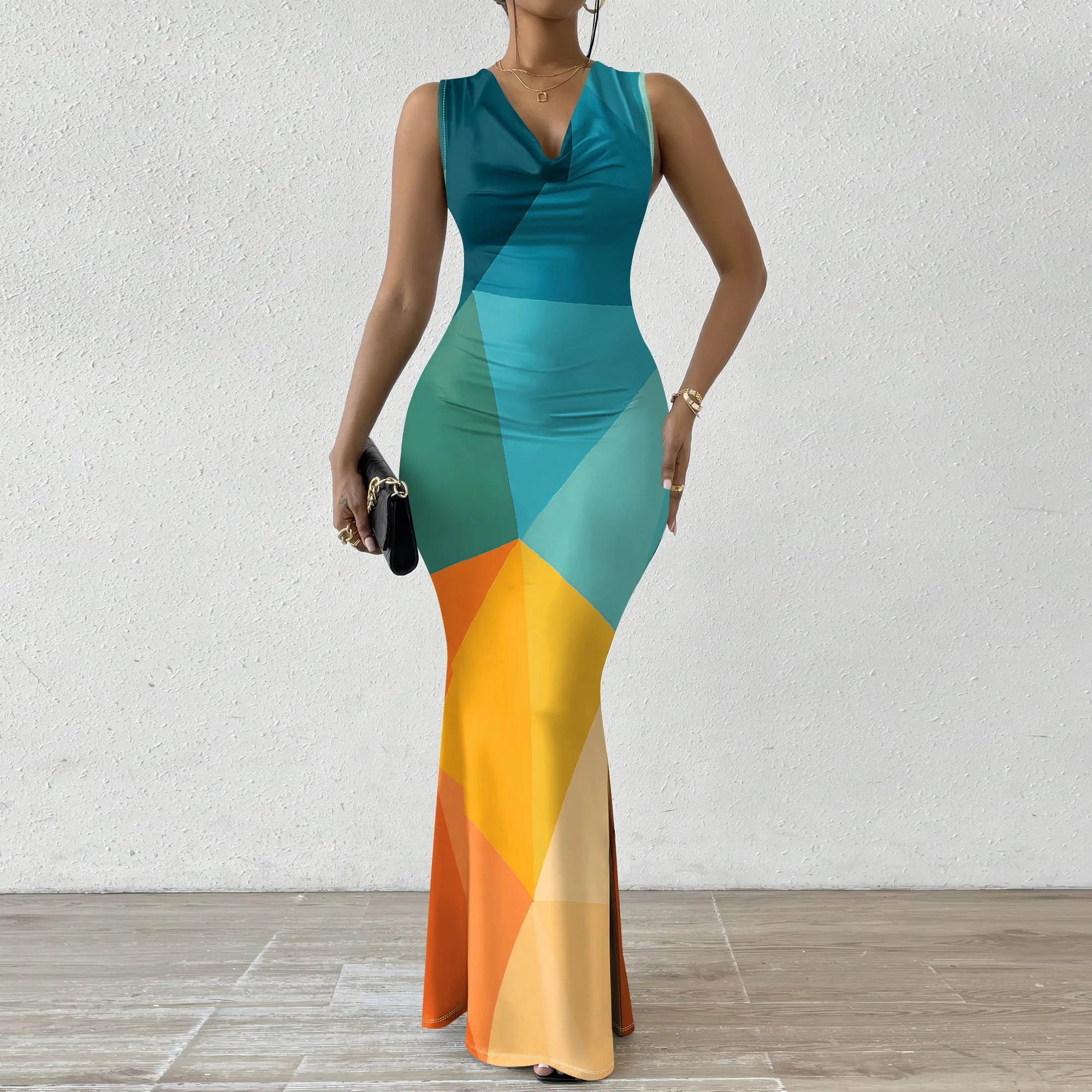 Women's Color Block Geometric Maxi Dress Cowl Neck Slim Fit Bodycon Mermaid Evening Party Beach Vacation Gown
Women's Color Block Geometric Maxi Dress Cowl Neck Slim Fit Bodycon Mermaid Evening Party Beach Vacation Gown