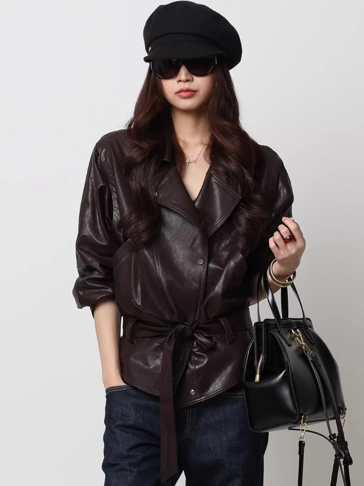 Casual Genuine Leather Motorcycle Jackets for Women Spring Autumn High-end Simple Loose Solid Soft Real Sheepskin Coat with Belt
Casual Genuine Leather Motorcycle Jackets for Women Spring Autumn High-end Simple Loose Solid Soft Real Sheepskin Coat with Belt
