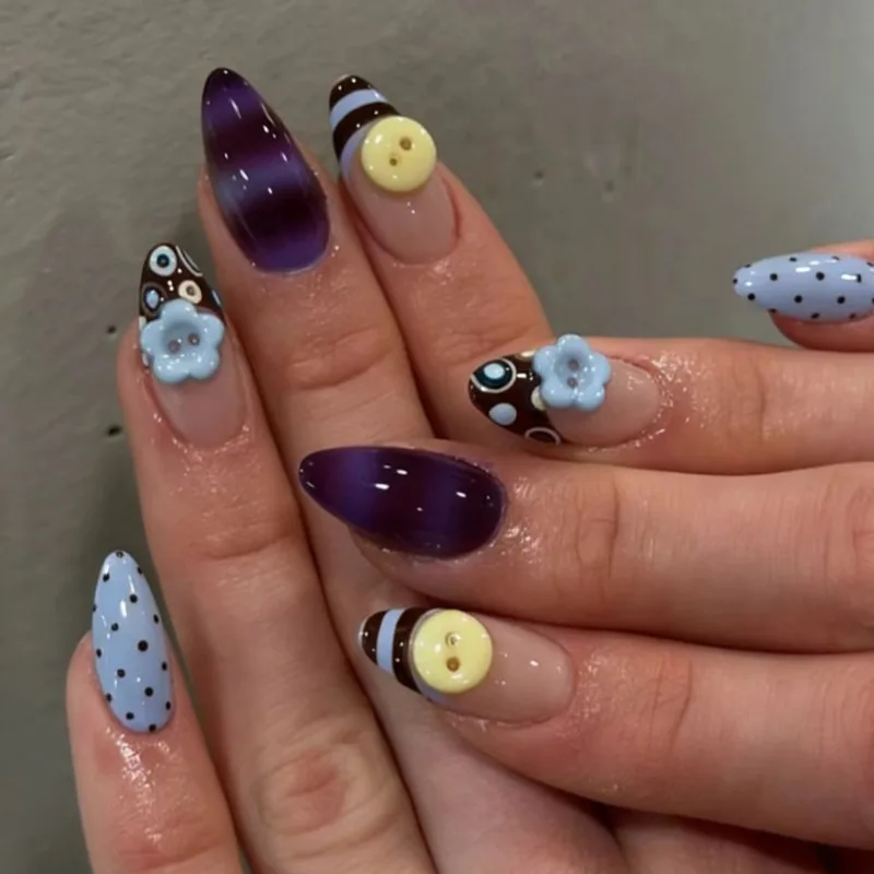 24PCS Cute Blue Almond Press on Nails Brown Smugding Stripes French Fake Nails for Girls 3D Flower Buttons Sweet Wearable Nails
24PCS Cute Blue Almond Press on Nails Brown Smugding Stripes French Fake Nails for Girls 3D Flower Buttons Sweet Wearable Nails