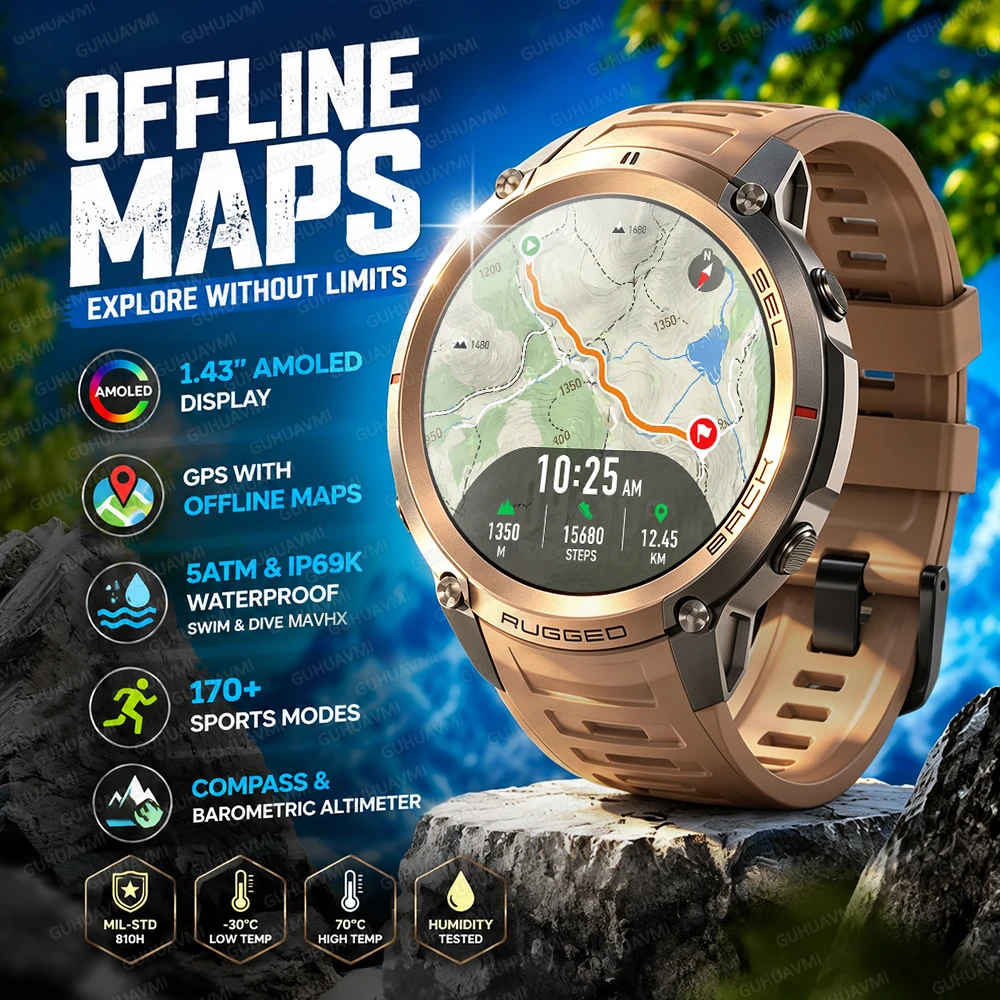 Outdoor GPS Smart Watch with Offline Maps 5ATM Waterproof, Compass Altimeter Bluetooth Call 170+ Sports Military Smartwatch Men
Outdoor GPS Smart Watch with Offline Maps 5ATM Waterproof, Compass Altimeter Bluetooth Call 170+ Sports Military Smartwatch Men