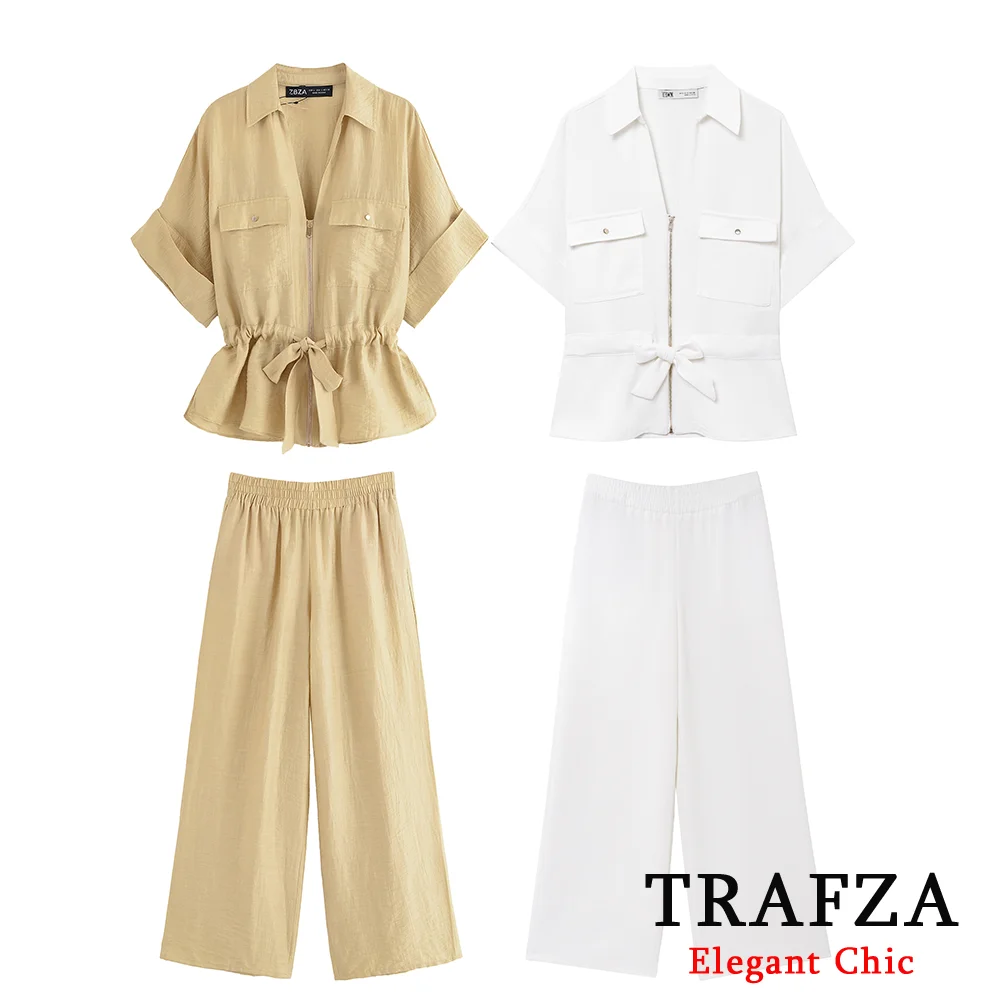 TRAFZA Women Safari Casual Pants Set Zipper Lace-up Short Sleeve Shirt OR Elastic Wide Leg Pants 2025 Fashion Summer Holiday Set 
TRAFZA Women Safari Casual Pants Set Zipper Lace-up Short Sleeve Shirt OR Elastic Wide Leg Pants 2025 Fashion Summer Holiday Set