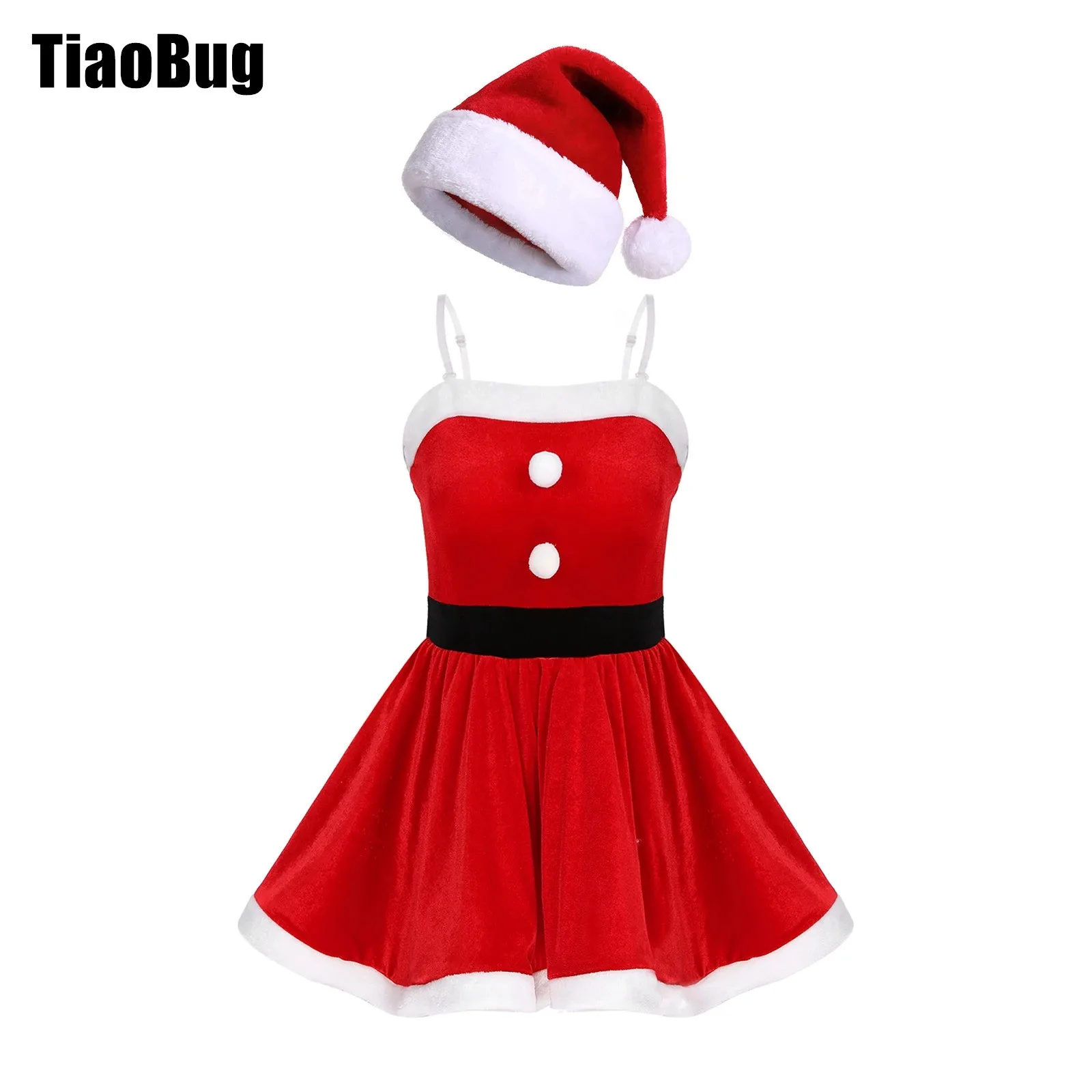 Womens Christmas Theme Costume Set Adjustable Transparent Strap Faux Fur Trim Layered Flared Dress with 1Pc Santa Claus Hat
Womens Christmas Theme Costume Set Adjustable Transparent Strap Faux Fur Trim Layered Flared Dress with 1Pc Santa Claus Hat