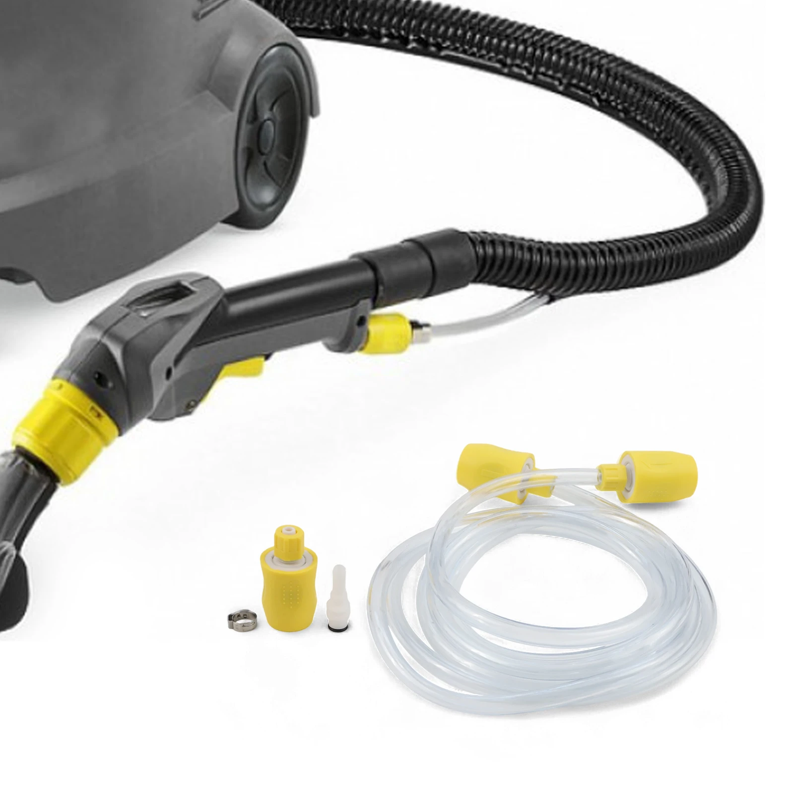 Сменные соединители для шлангов, совместимые с пароочистителями KARCHER Puzzi 8/1 и 10/1, с водяным шлангом длиной 2,5 метра.
Сменные соединители для шлангов, совместимые с пароочистителями KARCHER Puzzi 8/1 и 10/1, с водяным шлангом длиной 2,5 метра.