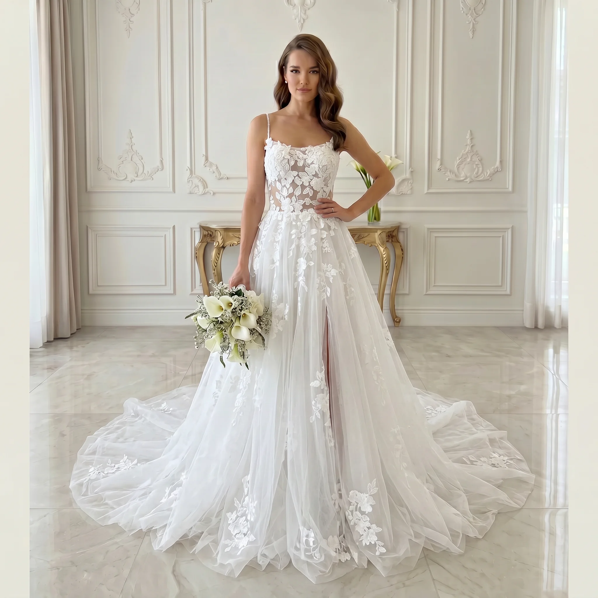 Spaghetti Straps A Line Wedding Dress 3D Floral Lace Sheer Waist High Slit Corset Back Bridal Gown With Long Train
Spaghetti Straps A Line Wedding Dress 3D Floral Lace Sheer Waist High Slit Corset Back Bridal Gown With Long Train