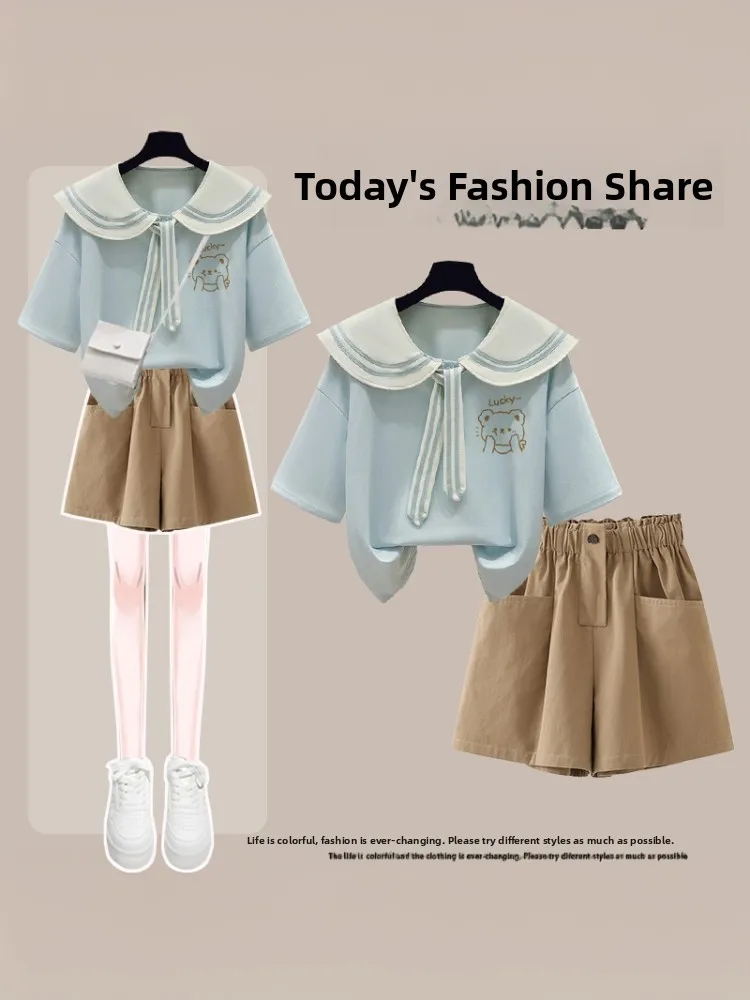 Chic Sweet Girl's Fashionable Navy Collar Short Sleeve Set Casual Summer Outfit for Junior And High School Students Cotton Blend
Chic Sweet Girl's Fashionable Navy Collar Short Sleeve Set Casual Summer Outfit for Junior And High School Students Cotton Blend