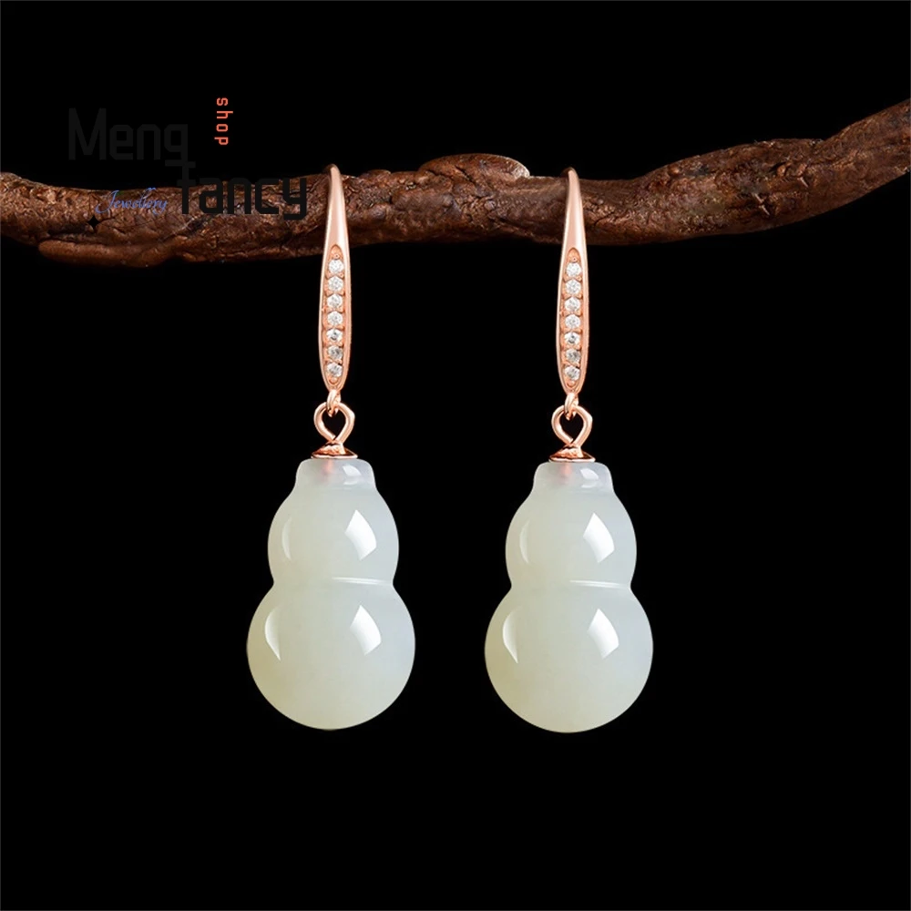 Genuine Old Material Natural Hetian Jade Gourd Jade Earrings S925 Silver Inlaid Chinese Style Women's Personalized Earrings 
Genuine Old Material Natural Hetian Jade Gourd Jade Earrings S925 Silver Inlaid Chinese Style Women's Personalized Earrings