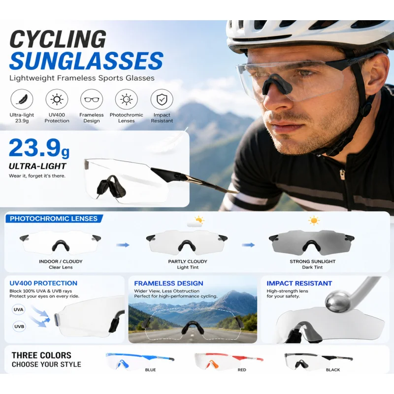 Ultralight Rimless Photochromic Cycling Glasses Men Women UV400 Sports Sunglasses MTB Bicycle Running Marathon Bike Eyewear
Ultralight Rimless Photochromic Cycling Glasses Men Women UV400 Sports Sunglasses MTB Bicycle Running Marathon Bike Eyewear