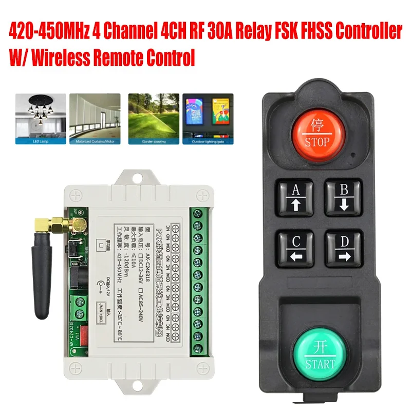 FSK 4 Channel 10A Relay DC 12V 24V 36V 420-450MHz Wireless Remote Control Switch FHSS Receiver Transmitter For Motor Lights
FSK 4 Channel 10A Relay DC 12V 24V 36V 420-450MHz Wireless Remote Control Switch FHSS Receiver Transmitter For Motor Lights