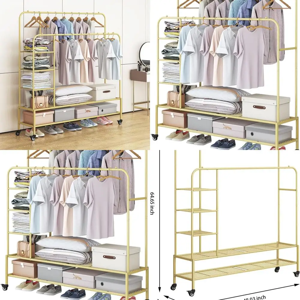 Сверхмощная портативная вешалка для одежды с металлической полкой для сушки пальто и рубашек, черная (золотые двойные стержни)
Сверхмощная портативная вешалка для одежды с металлической полкой для сушки пальто и рубашек, черная (золотые двойные стержни)