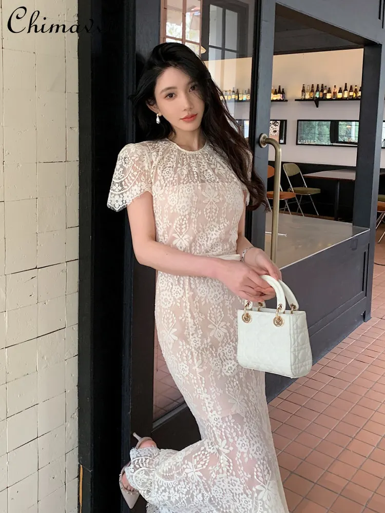 Новое весенне-летнее французское элегантное бежевое кружевное длинное платье с коротким рукавом, облегающее, в стиле русалка, для женщин
Новое весенне-летнее французское элегантное бежевое кружевное длинное платье с коротким рукавом, облегающее, в стиле русалка, для женщин