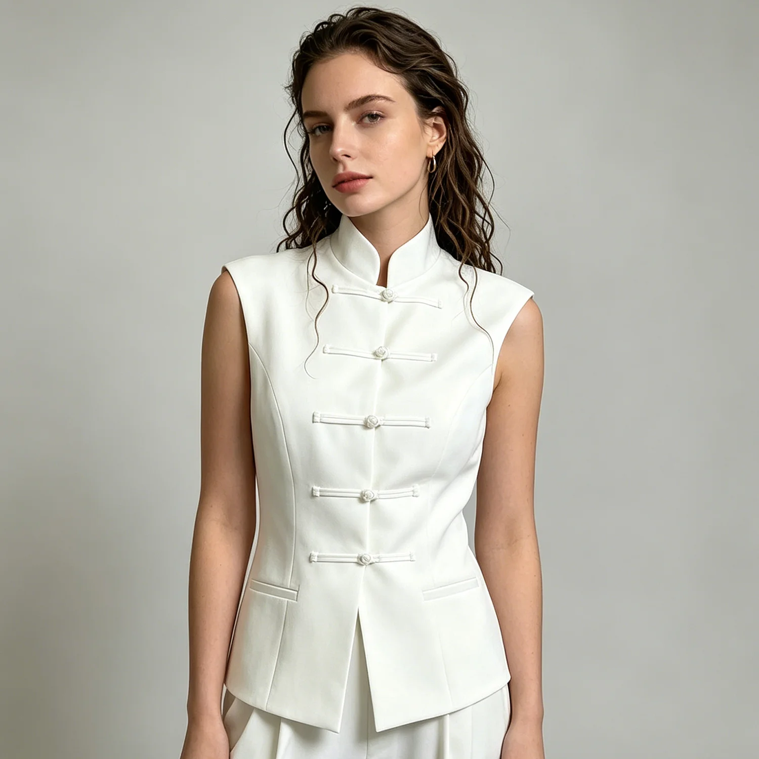 PUAL 2026 Vintage Mandarin Collar Vest, Handmade Knot Buttons Solid White Slim Sleeveless Lady Outerwear
PUAL 2026 Vintage Mandarin Collar Vest, Handmade Knot Buttons Solid White Slim Sleeveless Lady Outerwear