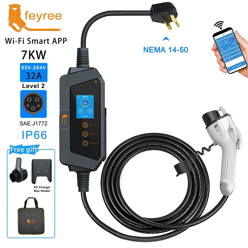 feyree Type1 Portable EV Charger 7KW 32A 1Phase J1772 Socket with 5m Cable Smart APP WIFI Control Version for Electric Vehicle
feyree Type1 Portable EV Charger 7KW 32A 1Phase J1772 Socket with 5m Cable Smart APP WIFI Control Version for Electric Vehicle