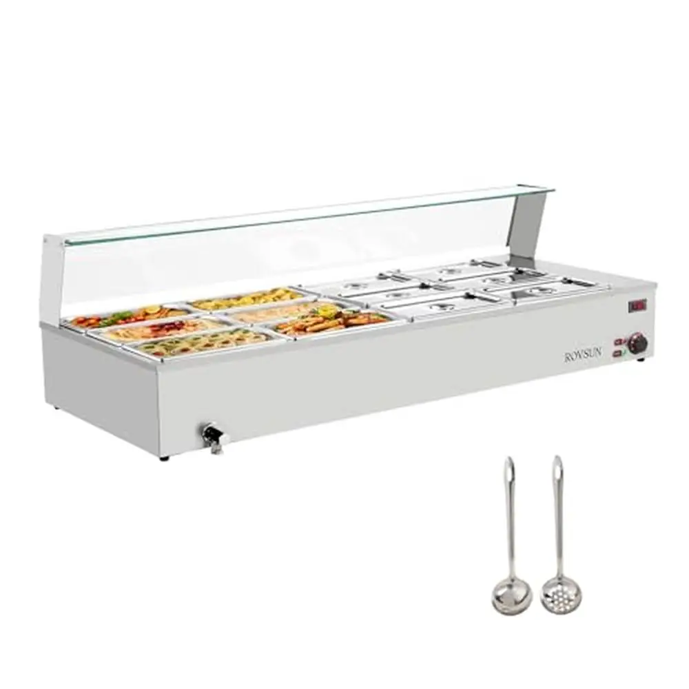 1500W Electric Steam Table Food Warmer 12-Pan Bain Marie Countertop Glass Shield 96Qt Large Capacity Commercial Stainless Steel
1500W Electric Steam Table Food Warmer 12-Pan Bain Marie Countertop Glass Shield 96Qt Large Capacity Commercial Stainless Steel