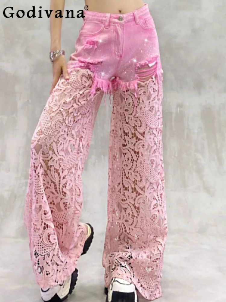 Fashion Heavy Industry Hot Diamond Sexy Lace Splicing Thin Jeans Women Summer New High Waist Loose Versatile Straight Pants
Fashion Heavy Industry Hot Diamond Sexy Lace Splicing Thin Jeans Women Summer New High Waist Loose Versatile Straight Pants
