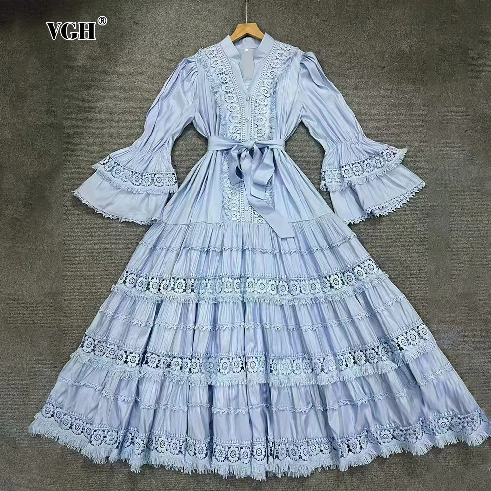 VGH Spring Hollow Out Wedding Maxi Dress for Women V Neck Flare Sleeve High Waist Patchwork Lace Up A Line Dresses Female New
VGH Spring Hollow Out Wedding Maxi Dress for Women V Neck Flare Sleeve High Waist Patchwork Lace Up A Line Dresses Female New