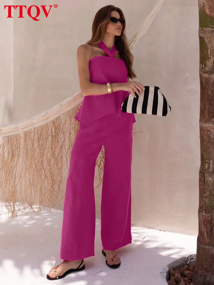 TTQV Summer Loose Rose Red Trousers Set 2 Piece Woman Sexy Sleeveless Tank Top With High Waist Wide Pants Set Female Clothing
TTQV Summer Loose Rose Red Trousers Set 2 Piece Woman Sexy Sleeveless Tank Top With High Waist Wide Pants Set Female Clothing