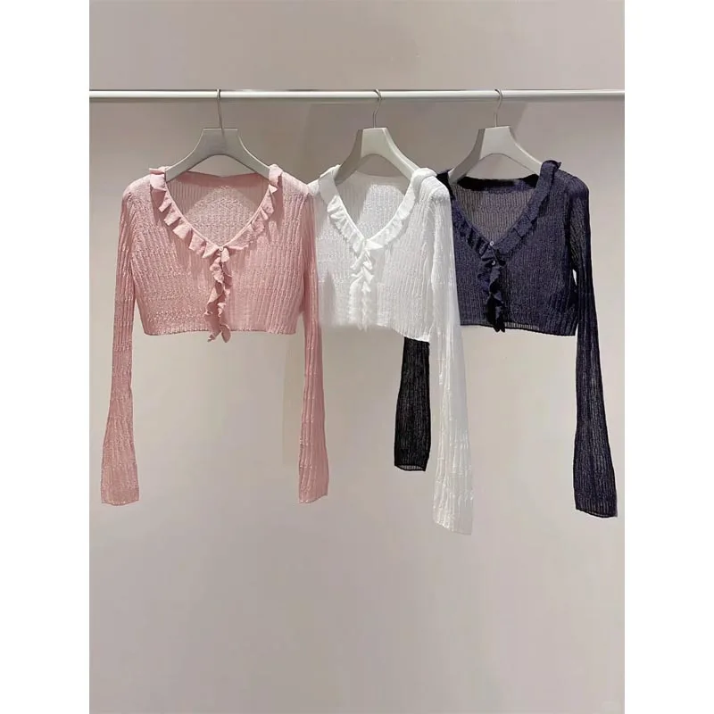 2025 Spring New Sweet Ruffles Tulle Knit Cardigan V-neck Long Sleeve Slim Fit Crop Top Japanese Solid All-match Sweet Jumpers
2025 Spring New Sweet Ruffles Tulle Knit Cardigan V-neck Long Sleeve Slim Fit Crop Top Japanese Solid All-match Sweet Jumpers