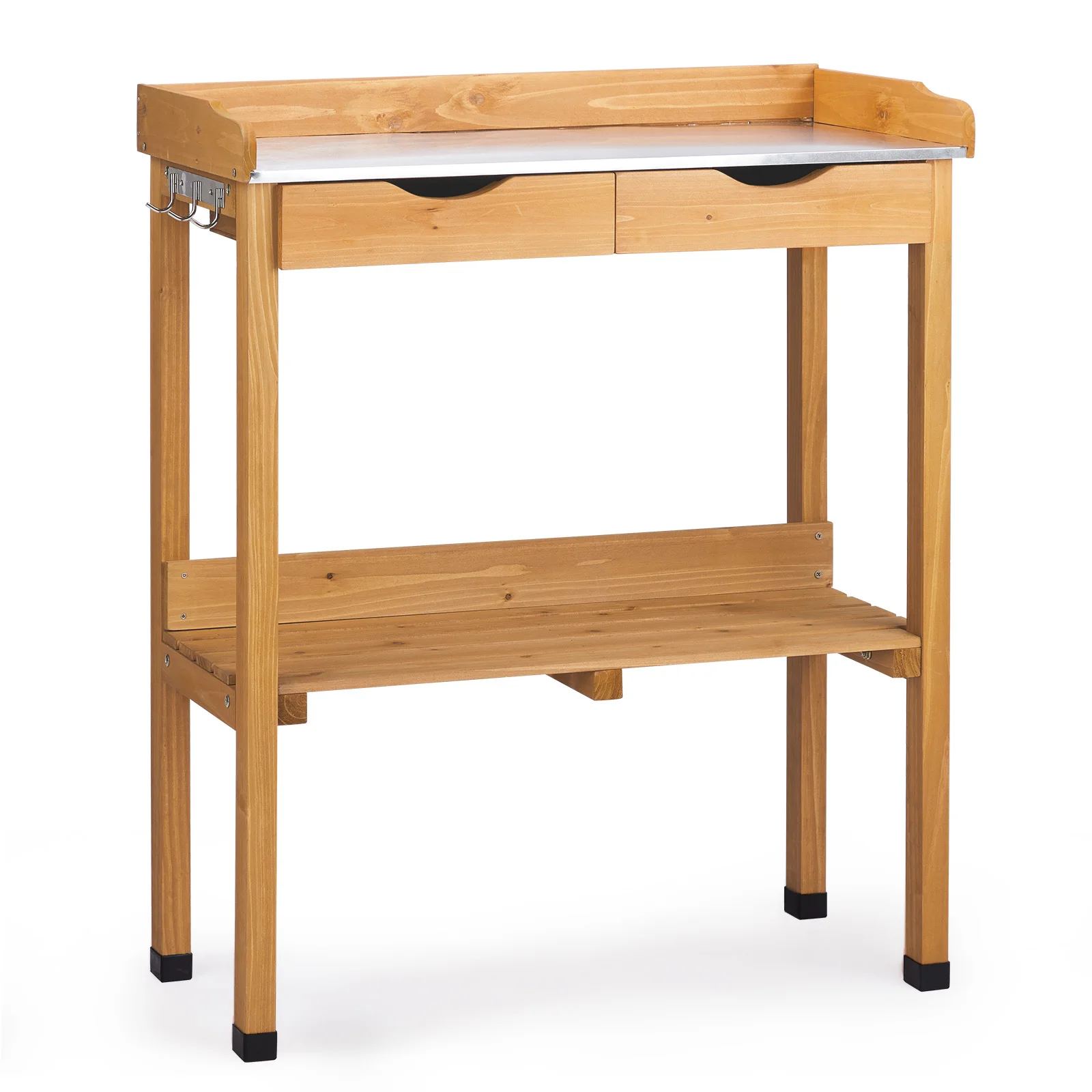 Garden Potting Bench Table, Wooden Horticulture Planting Worstation with Metal Tabletop, 2 Drawers, Storage Shelf, 3 Hooks
Garden Potting Bench Table, Wooden Horticulture Planting Worstation with Metal Tabletop, 2 Drawers, Storage Shelf, 3 Hooks