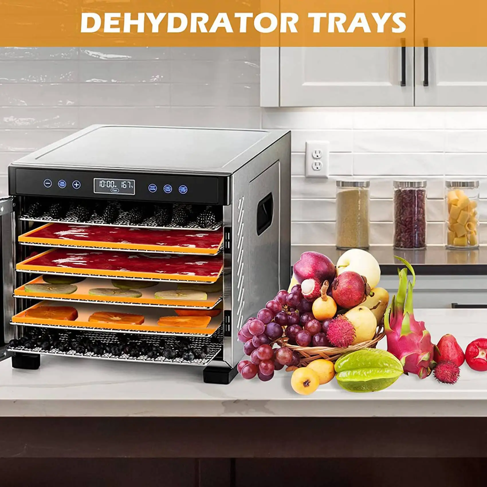ABUN-8PCS Silicone Dehydrator Sheets Dehydrator Mats With Edge For Fruit Leather Liquid Fruits Meat Herbs With Scraper
ABUN-8PCS Silicone Dehydrator Sheets Dehydrator Mats With Edge For Fruit Leather Liquid Fruits Meat Herbs With Scraper