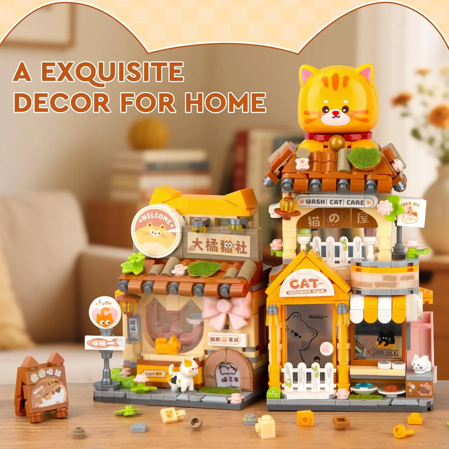 Street View Cute Cat Shop Mini Building Blocks Creative Animals Building Toys Set Simulation Architecture Construction Toy Gift