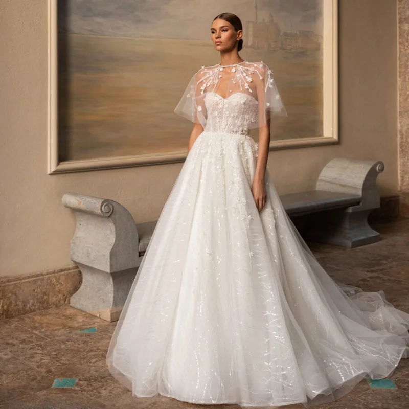 Detmgel New Exquisite Scoop Neck A-Line Wedding Dresses Shawl Shiny Lace Appliques Beaded Court Train Bridal Dress Customized
Detmgel New Exquisite Scoop Neck A-Line Wedding Dresses Shawl Shiny Lace Appliques Beaded Court Train Bridal Dress Customized