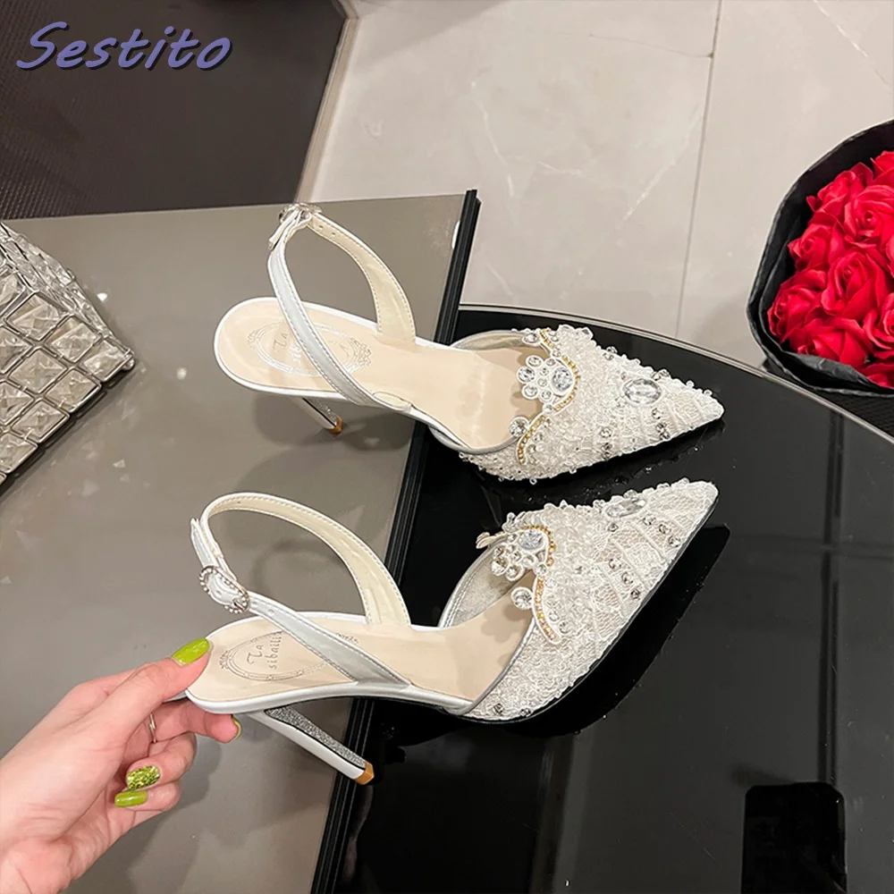 Pointed Toe Lace Crystal Bling Sandals Back Strap Buckle Stiletto Heel White Solid Sexy Elegant Women Shoes Summer Fashion New
Pointed Toe Lace Crystal Bling Sandals Back Strap Buckle Stiletto Heel White Solid Sexy Elegant Women Shoes Summer Fashion New