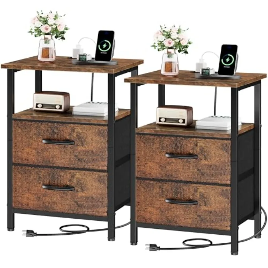 Nightstand Set of 2 Rustic Brown with Charging Station and USB Ports Bedside Table with 2 Fabric Drawers 24.2" Tall Side Table
Nightstand Set of 2 Rustic Brown with Charging Station and USB Ports Bedside Table with 2 Fabric Drawers 24.2" Tall Side Table
