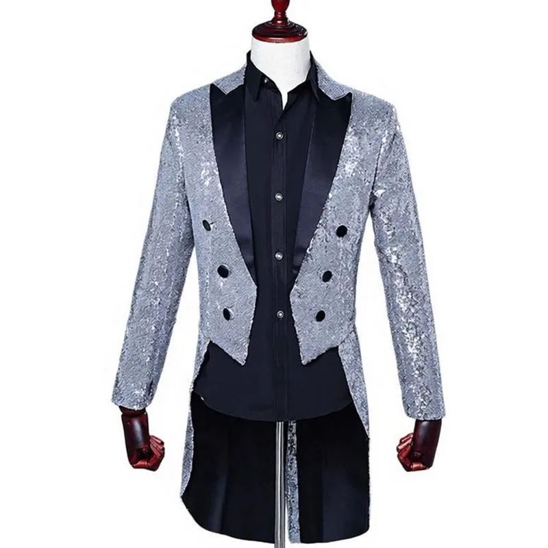 Men’s Glitter Sequin Tuxedo Jacket with Long Tails Magician Performance Costume Peak Lapel Suit Jackets Double Breasted
Men’s Glitter Sequin Tuxedo Jacket with Long Tails Magician Performance Costume Peak Lapel Suit Jackets Double Breasted