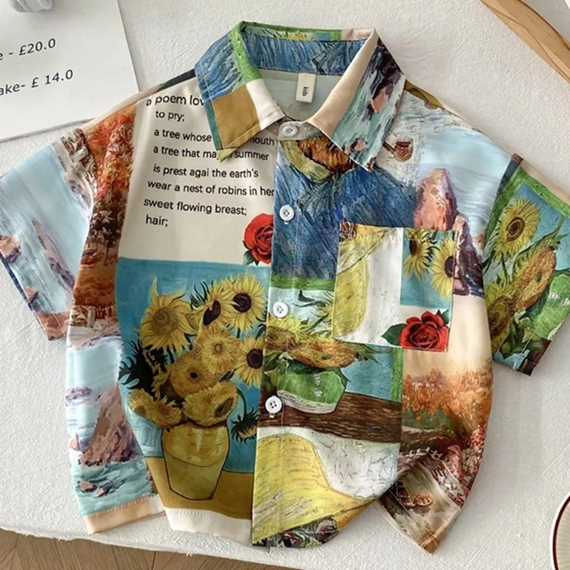 2025 Summer Vintage Oil Painting Shirt for Boys Lapel Short Sleeve Shirts Children's Thin Casual Tops Vacation style Clothes
2025 Summer Vintage Oil Painting Shirt for Boys Lapel Short Sleeve Shirts Children's Thin Casual Tops Vacation style Clothes