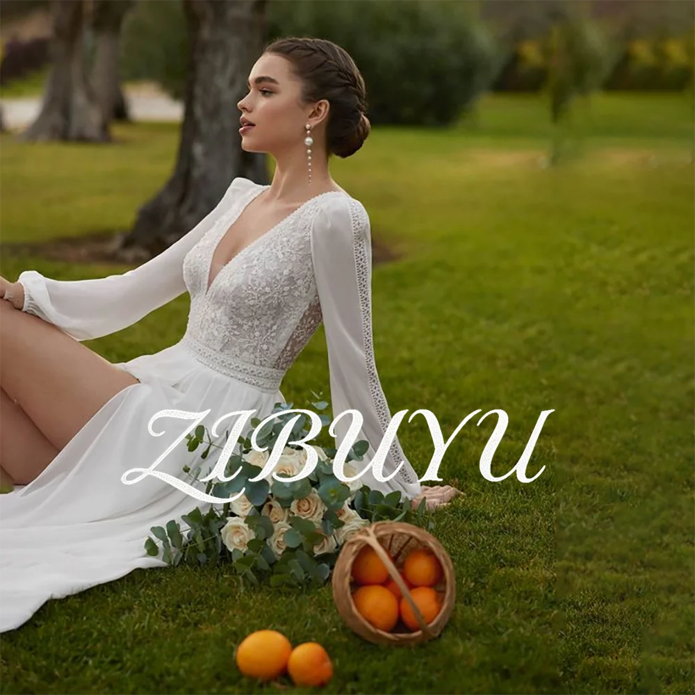 ZIBUYU Customized Boho A-Line Wedding Dress V Neck Long Puff Sleeves Floral Lace Appliques Chiffon High Slit Side Brdal Gowns
ZIBUYU Customized Boho A-Line Wedding Dress V Neck Long Puff Sleeves Floral Lace Appliques Chiffon High Slit Side Brdal Gowns