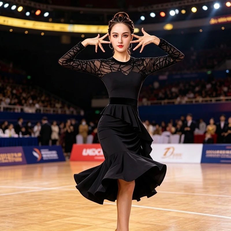 Women Latin Dance Dress Long Sleeve Mesh Practice Wear Adult Sexy Outfit Competition Party Evening Dress Autumn Winter Costume
Women Latin Dance Dress Long Sleeve Mesh Practice Wear Adult Sexy Outfit Competition Party Evening Dress Autumn Winter Costume