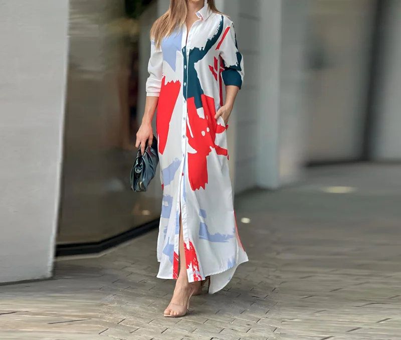 Women's Fashion Printed Split Hem Shirt Dress Spring Casual Loose Lapel Button Pocket Design Long Sleeve Daily Long Dress
Women's Fashion Printed Split Hem Shirt Dress Spring Casual Loose Lapel Button Pocket Design Long Sleeve Daily Long Dress