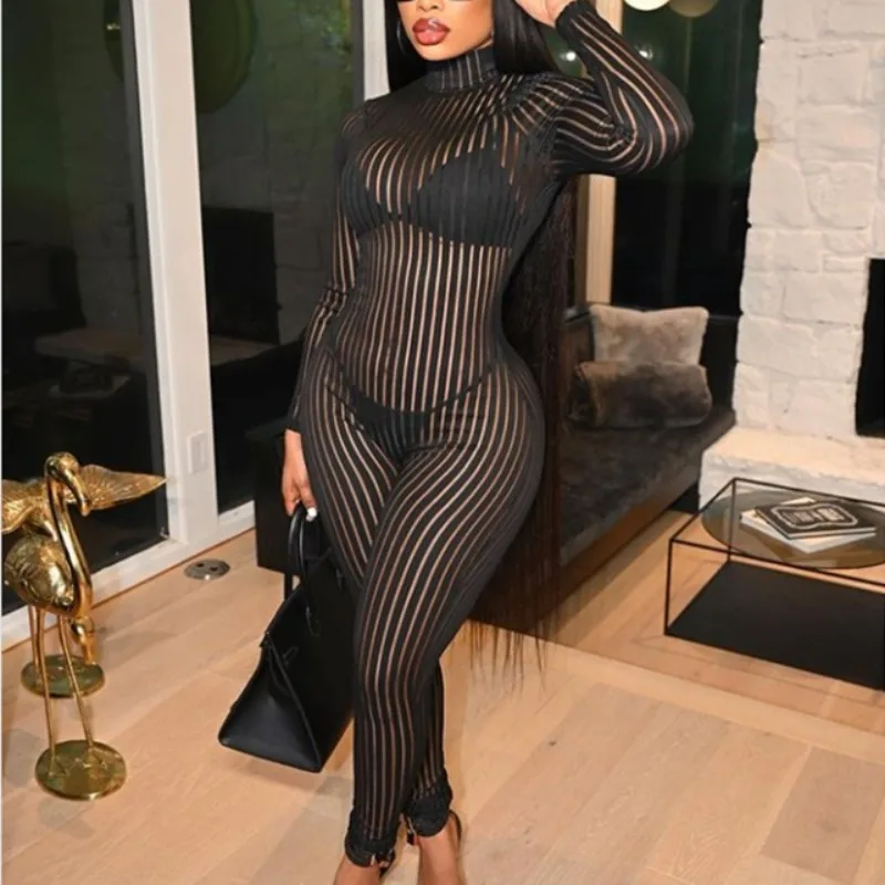 Spring and Summer Sexy See Through Mesh Striped Skinny Rompers Women's Jumpsuit Long Sleeved Turtleneck Party Clubwear
Spring and Summer Sexy See Through Mesh Striped Skinny Rompers Women's Jumpsuit Long Sleeved Turtleneck Party Clubwear