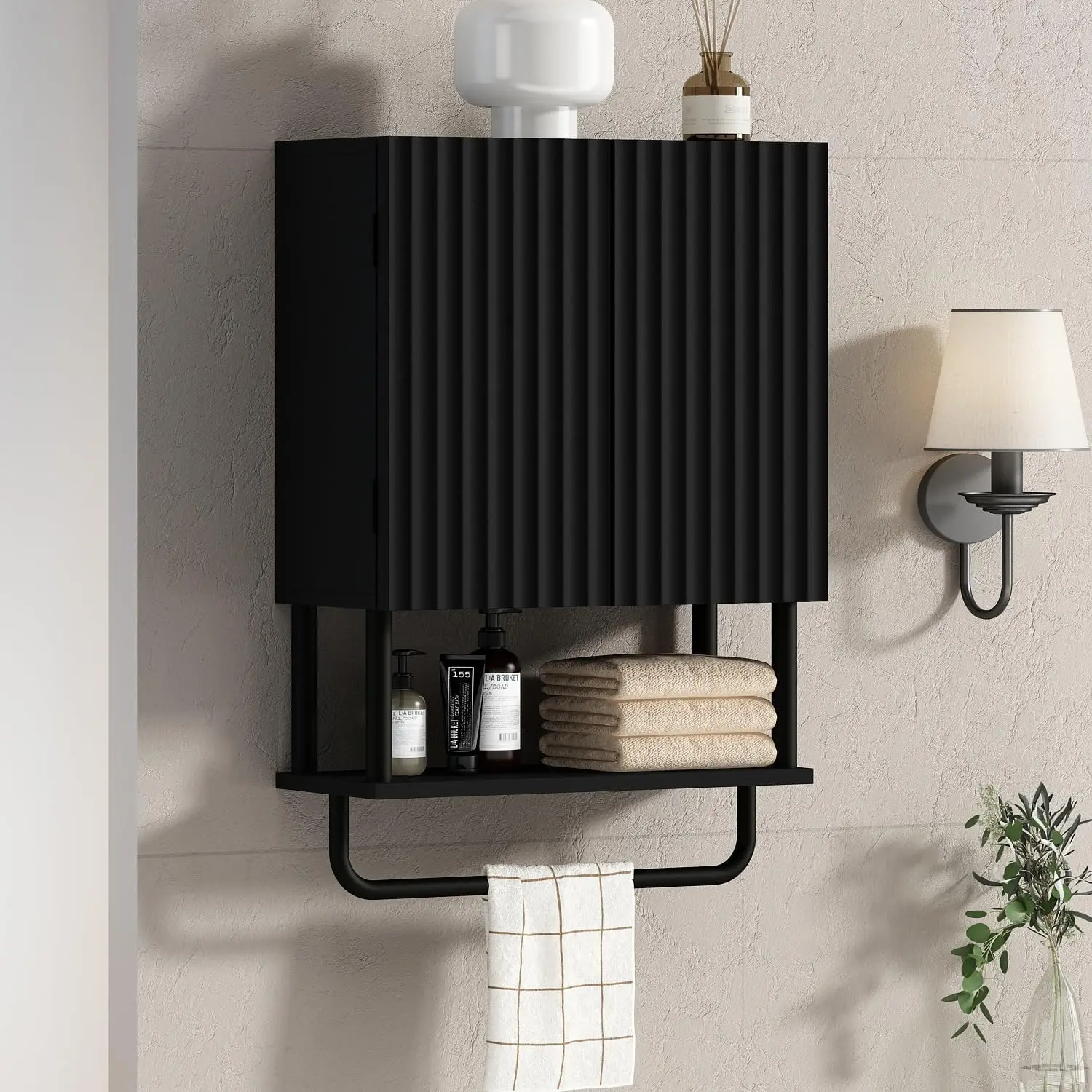 Fluted Bathroom Wall Cabinet with 2 Doors, 3-Tier Over Toilet Storage, Adjustable Shelf & Towel Bar, Small Black
Fluted Bathroom Wall Cabinet with 2 Doors, 3-Tier Over Toilet Storage, Adjustable Shelf & Towel Bar, Small Black