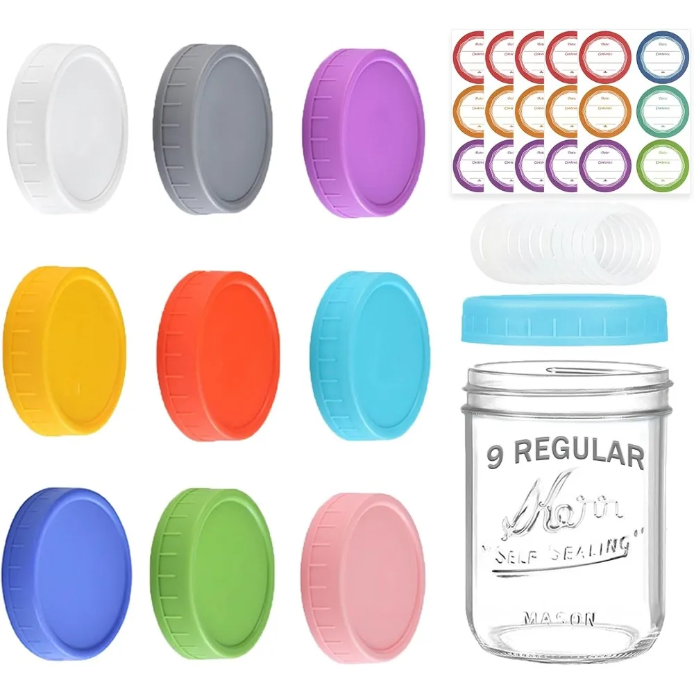 9 Pack Regular Mouth Mason Jar Lids - 70mm Colored Plastic Mason Lids with Silicone Rings and Removable Labels for Ball, Kerr and More, Thickened & Leak-proof, Dishwasher Safe, Reusable Canning Lids
9 Pack Regular Mouth Mason Jar Lids - 70mm Colored Plastic Mason Lids with Silicone Rings and Removable Labels for Ball, Kerr and More, Thickened & Leak-proof, Dishwasher Safe, Reusable Canning Lids