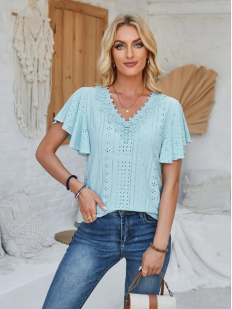 V-neck Solid Color Short Sleeved Lace Hollow Women's T-shirt Loose Casual Daily Commuting Style Summer Top
V-neck Solid Color Short Sleeved Lace Hollow Women's T-shirt Loose Casual Daily Commuting Style Summer Top