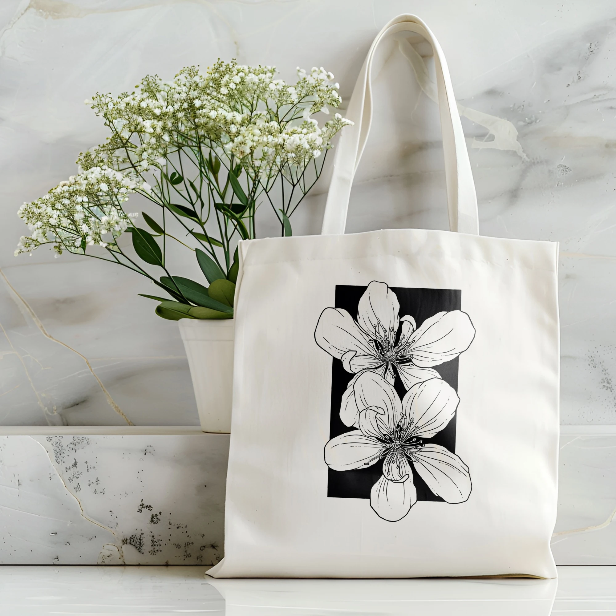 Black flower pattern printed handbag, casual canvas shoulder bag, women's shopping bag tote bag
Black flower pattern printed handbag, casual canvas shoulder bag, women's shopping bag tote bag