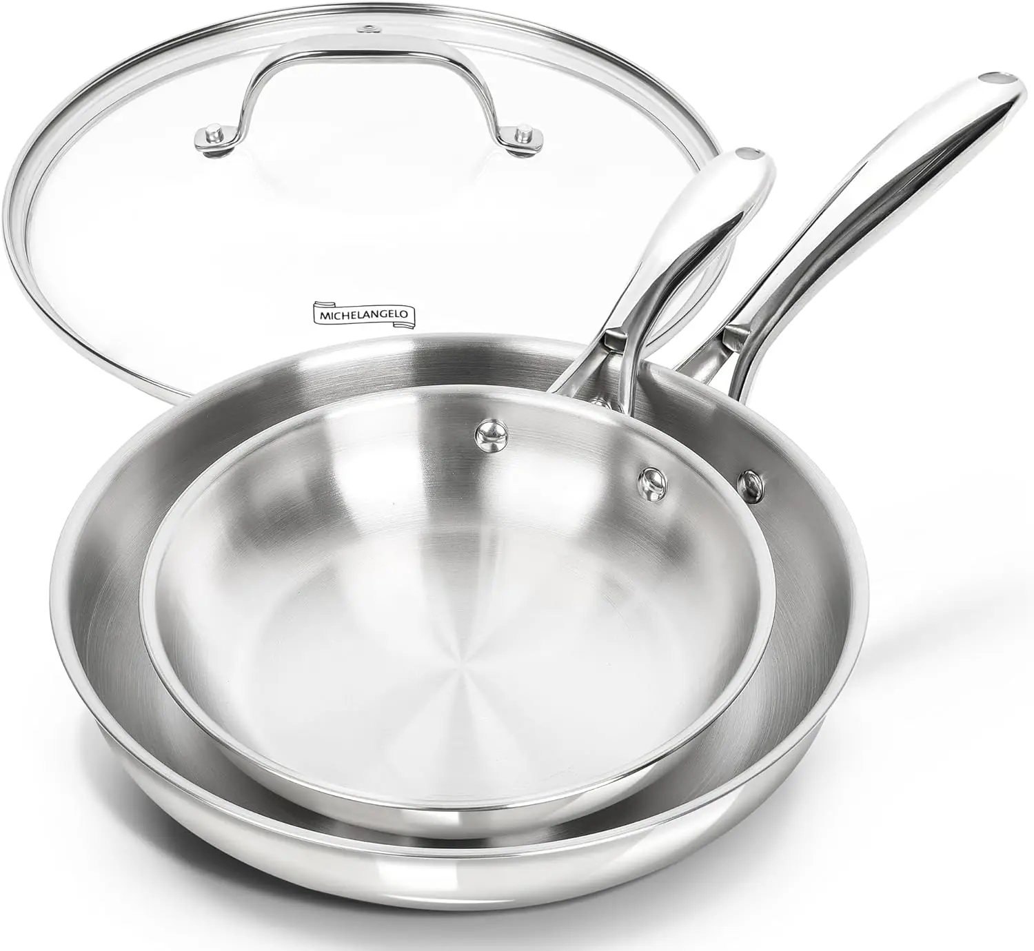 Stainless Steel Frying Pan Set with Lid, 8" 10" Triply Base Skillet, Ergonomic Handle, Induction Compatible
Stainless Steel Frying Pan Set with Lid, 8" 10" Triply Base Skillet, Ergonomic Handle, Induction Compatible