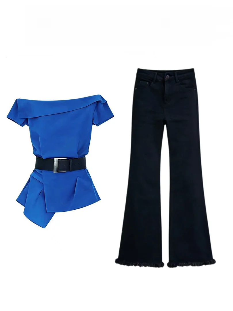Stunning One-Shoulder Waist-Cinching Shoulder Bared Set Women's Blue High-End Feeling Elegance Design Two-Piece Set Fashionable
Stunning One-Shoulder Waist-Cinching Shoulder Bared Set Women's Blue High-End Feeling Elegance Design Two-Piece Set Fashionable