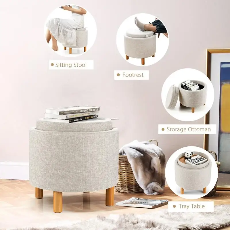 Round Fabric Storage Ottoman with Tray and Non-Slip Pads for Bedroom-Beige
Round Fabric Storage Ottoman with Tray and Non-Slip Pads for Bedroom-Beige