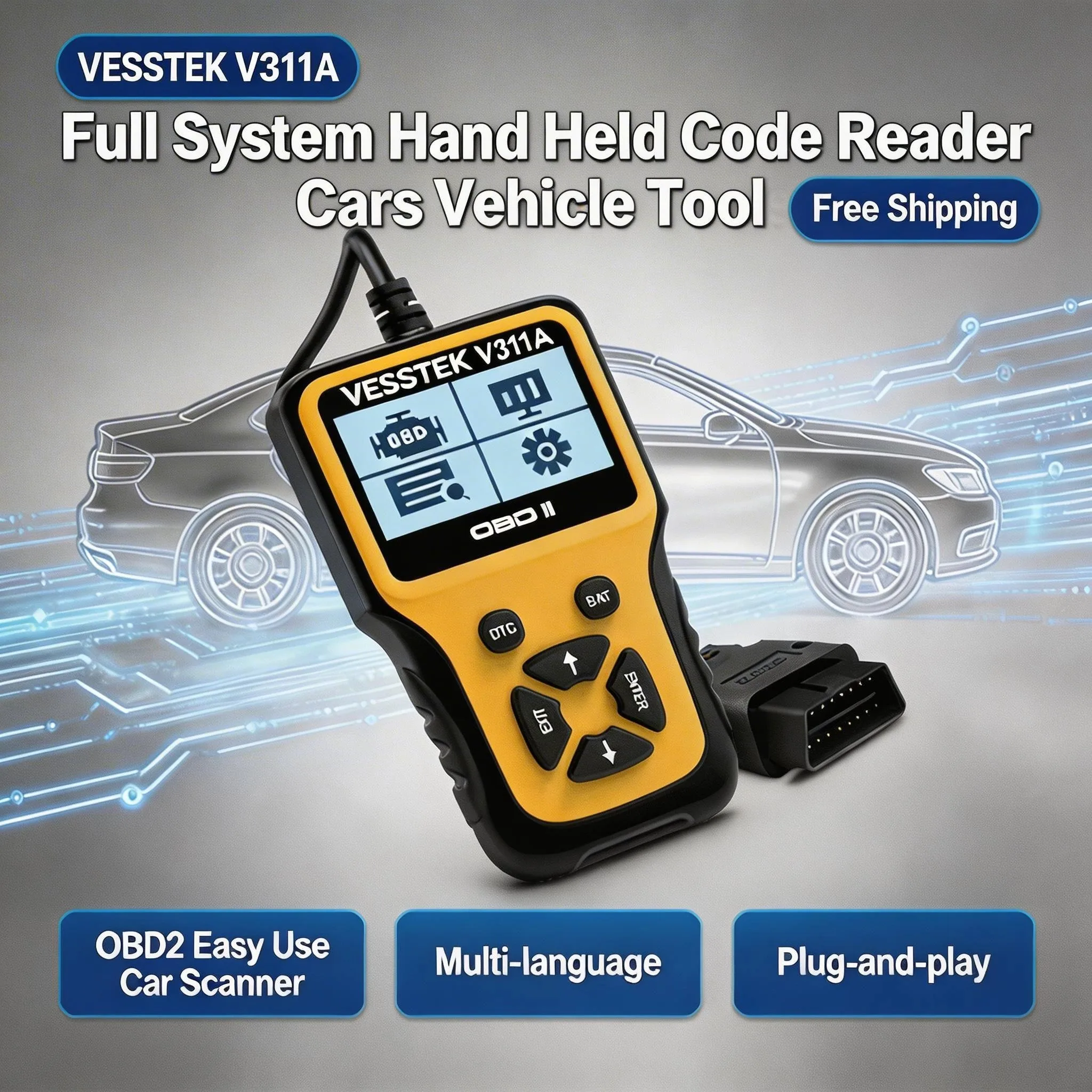 Автосканер VESSTEK V311A: полнофункциональный ручной считыватель кодов для автомобилей, мультиязычный, с поддержкой Plug-and-Play, OBD2, простой в использовании.
Автосканер VESSTEK V311A: полнофункциональный ручной считыватель кодов для автомобилей, мультиязычный, с поддержкой Plug-and-Play, OBD2, простой в использовании.
