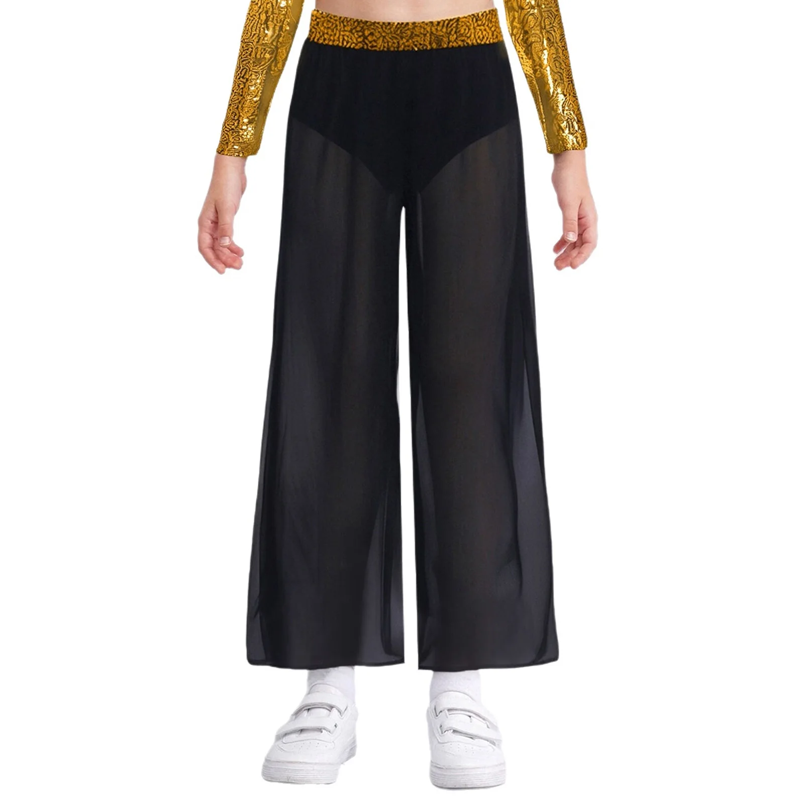 Girls Jazz Latin Dance Pants Shiny Sequins Waistband Flowing Chiffon Overlay Wide-Leg Side Slit Pants for Stage Performance
Girls Jazz Latin Dance Pants Shiny Sequins Waistband Flowing Chiffon Overlay Wide-Leg Side Slit Pants for Stage Performance
